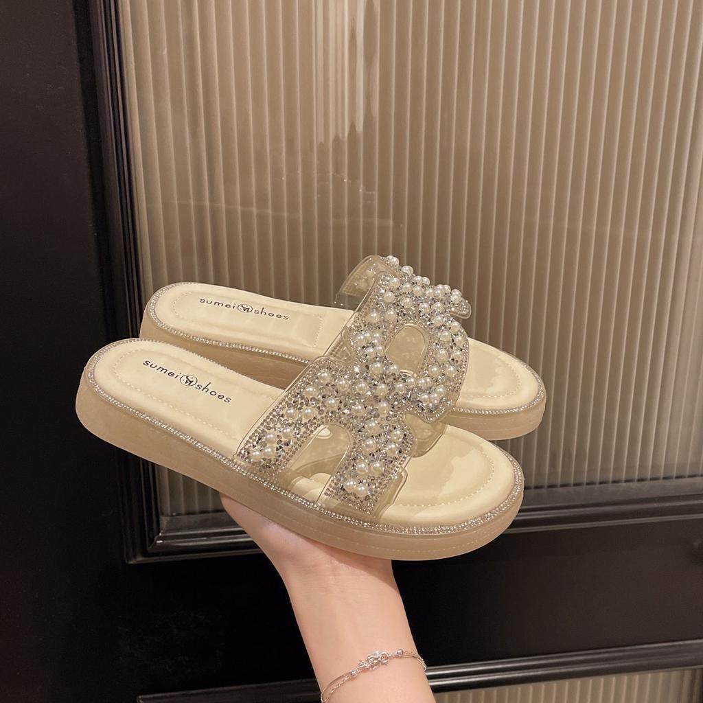 2025 New Thick-bottomed Pearl Slippers Outer Wear Female Summer Flat-bottomed Fashion with Skirt Fairy Beach One-word Sandals