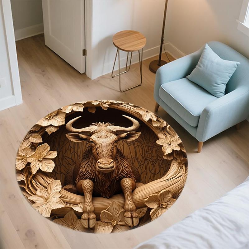 Wolf, Gorilla, Fox, and Wildebeest  Round Area Rug,Carpet Rug for Living Room Bedroom Sofa Playroom Decor,Non-slip Floor Mat