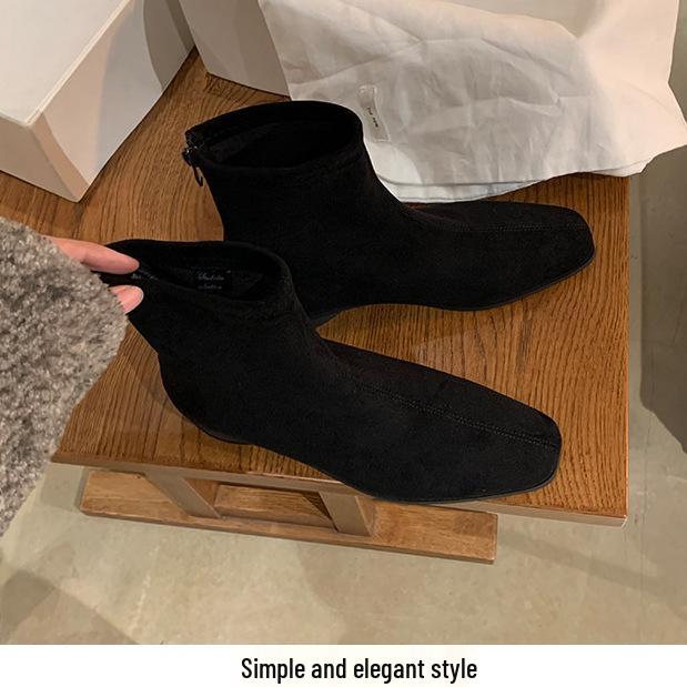 Grape Mom's Korean Retro Square Toe Suede Chunky Heel Martin Boots for Women - Height-Enhancing, Versatile Autumn/Winter Short Boots