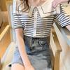 Frauen Sommer Sweety Navy Kragen Strickpullover T-Shirt Tops Kurzarm Knopf Volltonfarbe Gestreift Lose Weiß