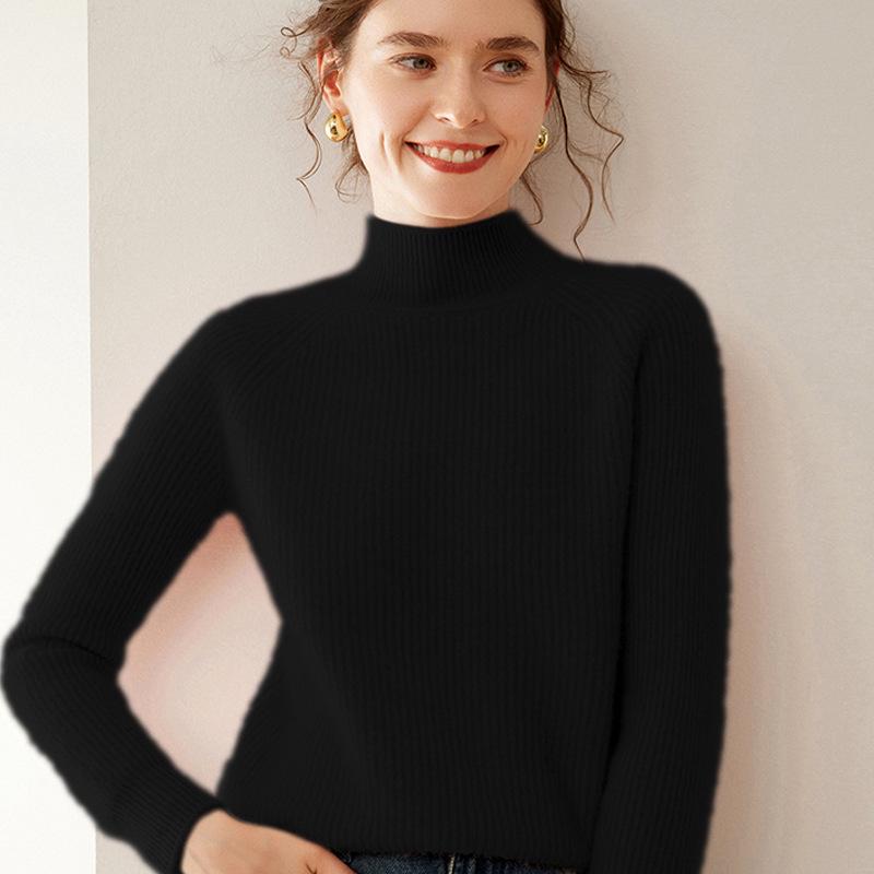 Women's Cashmere Raglan Sleeve Half-High Neck Sweater - Thickened Garter Stitch Knitwear, Versatile and Casual