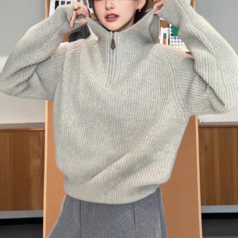 Women's Half-Zip Hooded Loose Knit Sweater - Cozy Autumn/Winter 2026 Collection