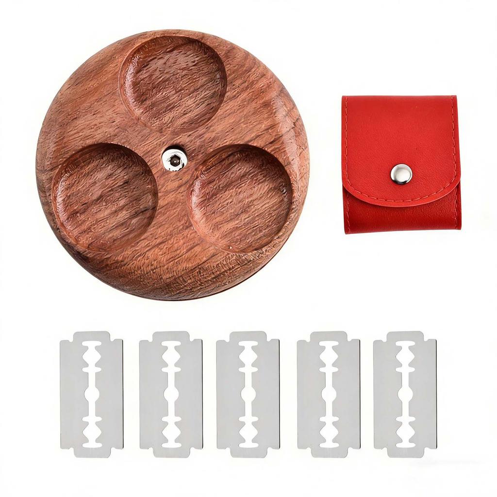 Rundes Teigmesser Aus Holz Mit 5 Edelstahl- & Roter Lederhülle – Profi Ritzmesser Für Sauerteig, Klinge Einziehbar