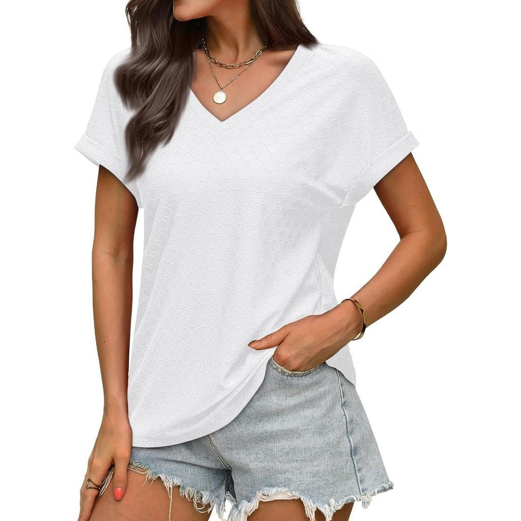 Women's Fashionable Casual Solid Color V-Neck Breathable T-Shirt Short Sleeved Top