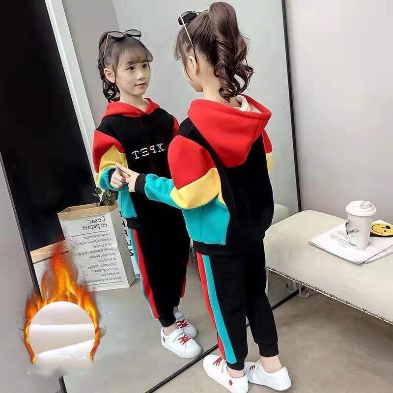 

Зимовий модний комплект спортивних костюмів для дівчаток, теплі толстовки з капюшоном + плюшеві дитячі штани-джоггери, дитяче вбрання з двох предметів у стилі печворк 110 червоний