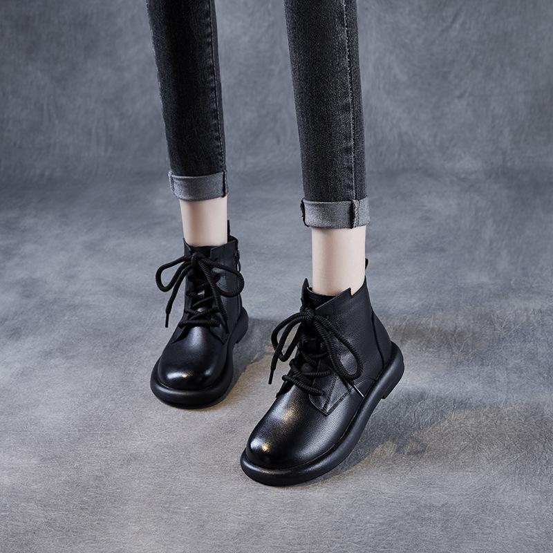 Genuine Leather Ankle Boots Women's Autumn and Winter New Vintage Short Boots Woman Soft Leather Boots Flat Leather Shoes Women