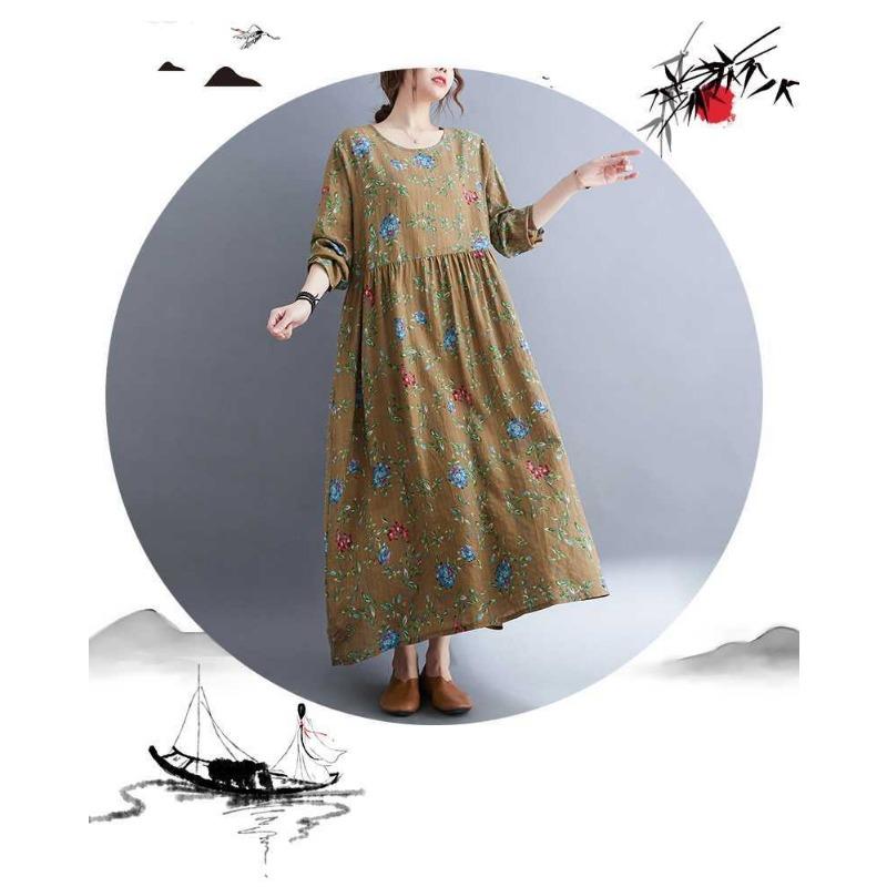 New Literary Plus Size Printed Long Sleeve Ethnic Style Dresses