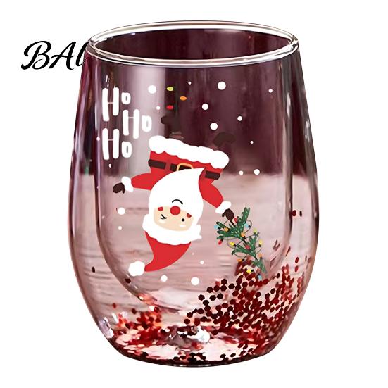 Unique Shape Hot Drink Mug Double Layer Glass Cup, with Santa Claus/Small Tree/Stack/Bag Patterns Decor, Family Gathering Tableware Quicksand Sequins