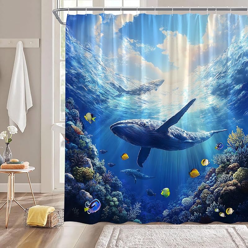 Ocean Shower Curtain Blue Sea Animal Shark Whale Tropical Fish Coral Underwater World Nature Scenery Fabric Bathroom Decor Curtain with 70 WX70 H