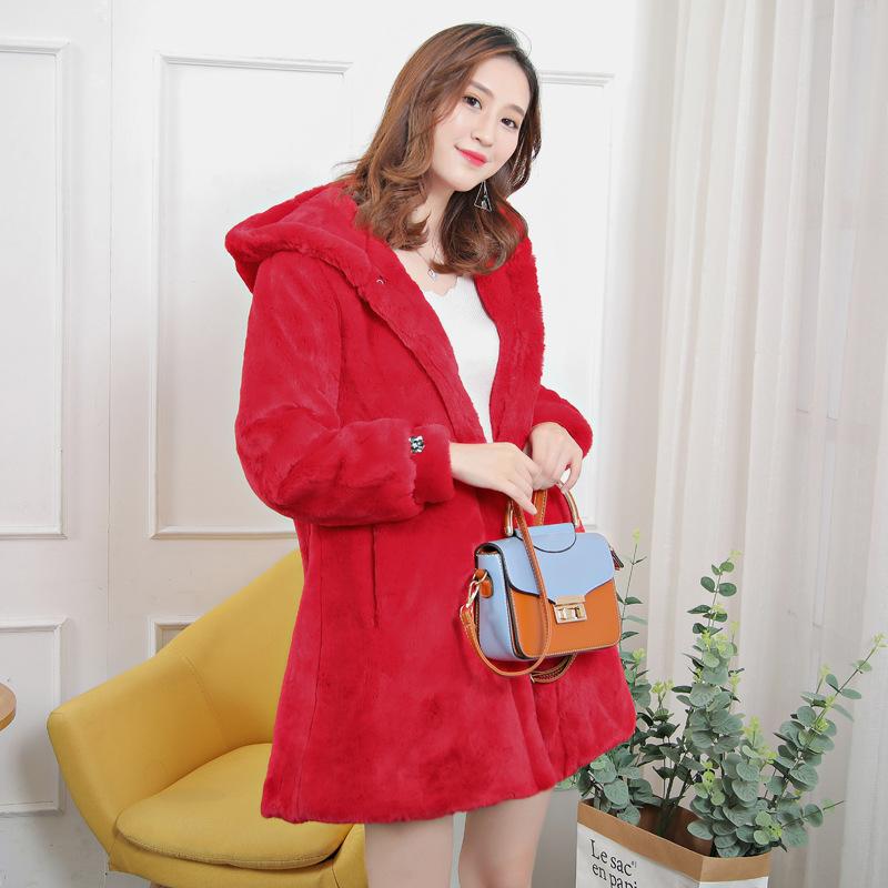 

Осенне-зимнее новое тонкое пальто из искусственного меха кролика рекс для женщин, свободное и теплое пальто с капюшоном для женщин XXL