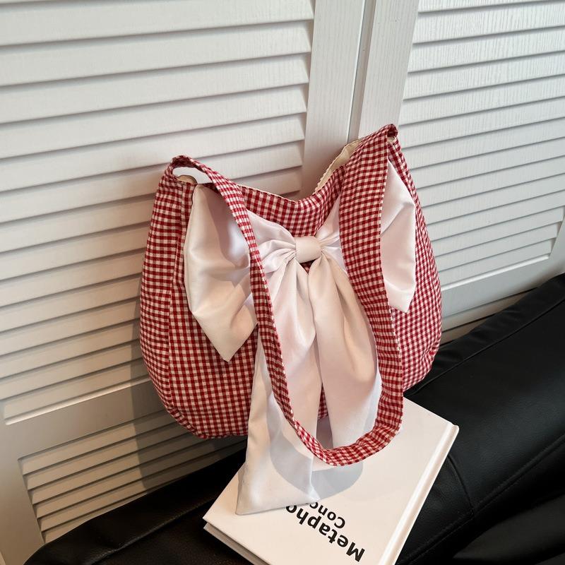 Bow Bag Women's New Fashion Plaid Bag Shoulder Bag Large Capacity Commuter Messenger Bag