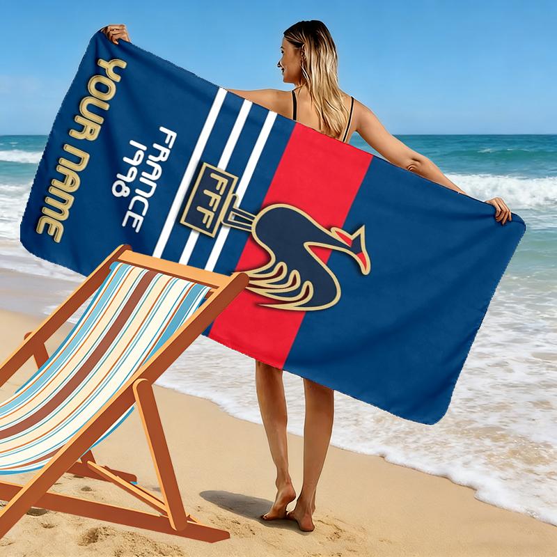 Custom Name Rooster France Print Beach Towel, Large Soft Quick Dry Towel for Beach Camping Swimming