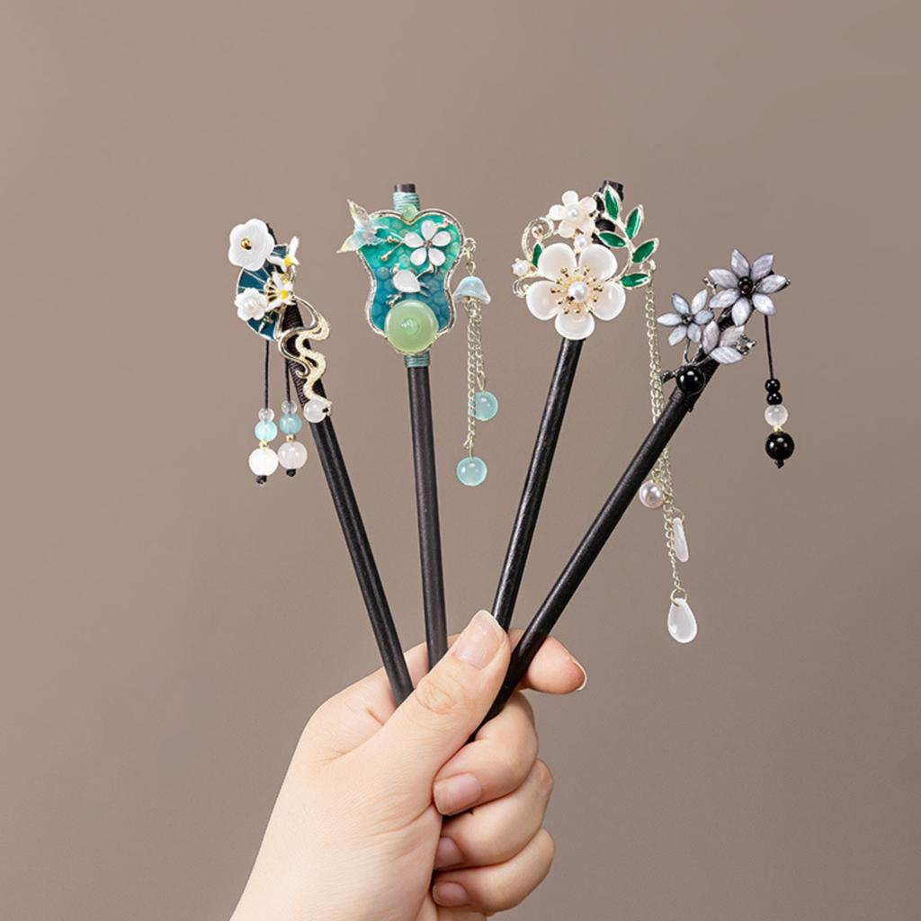 Retro Chinese Style Hairpin For Women Elegant Wooden Flower Tassel Hair Stick Vintage Jewelry Hair Accessory Girls Hairpins