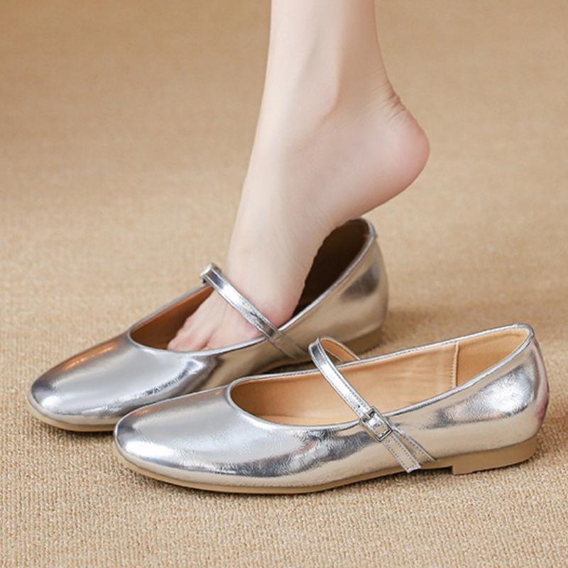 Fashion Silver Round Toe Brand Mary Jane Shoe Women Fashion Narrow Buckle Design Casual Flats Cozy Commuter Office Shoe Zapatos De Mujer