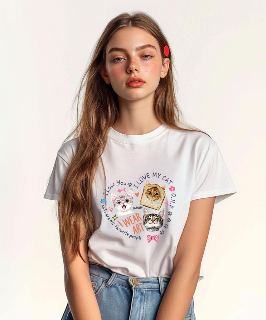 ONEHUNDREDPERCENT FOR WOMAN Ohpxharmonia Heart Cat Women Basic Short Sleeve Tee