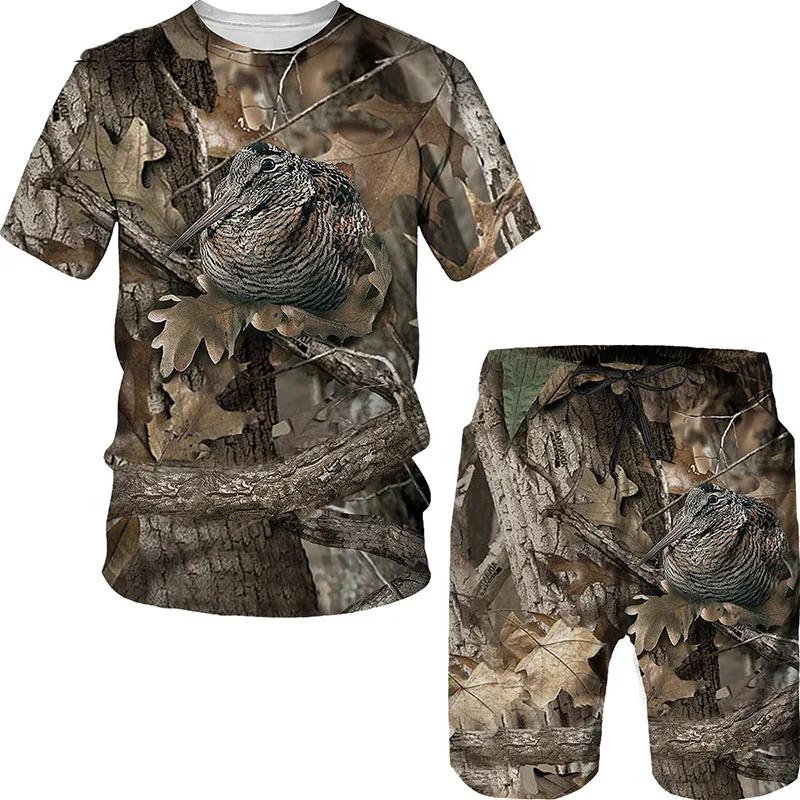 Tier Wildschwein Fuchs 3D-Druck 2-teiliges Set Camouflage Jagd T-Shirt Sets Mode Herren O-Ausschnitt Trainingsanzug Übergroßes Herren Sweatshirt