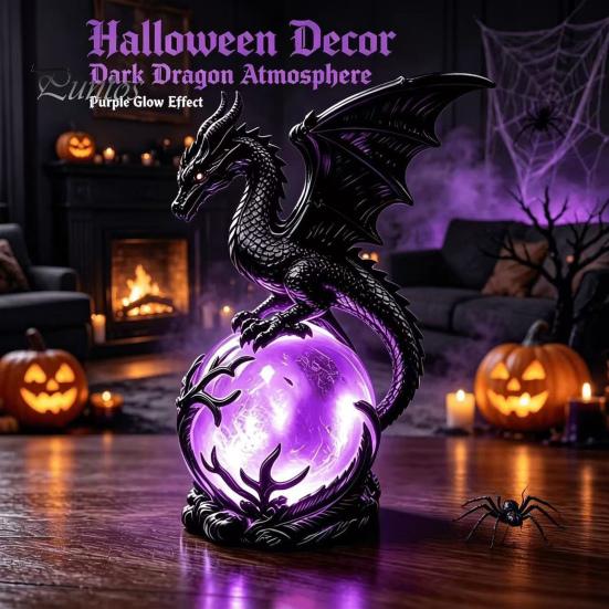 Purple Luminous Crystal Ball Gothic Dragon Night Light, Resin Statue with Glowing Cool Ornament Sphere, Fantasy Table Lamp for Halloween Home Desktop