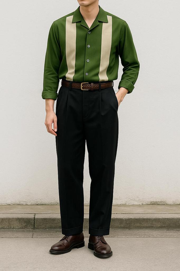 CHANGE WELL 2025 Long Sleeve Boxy Bowling Shirt with Open Collar Men's Autumn/Winter Vintage-Inspired (Green, Large)