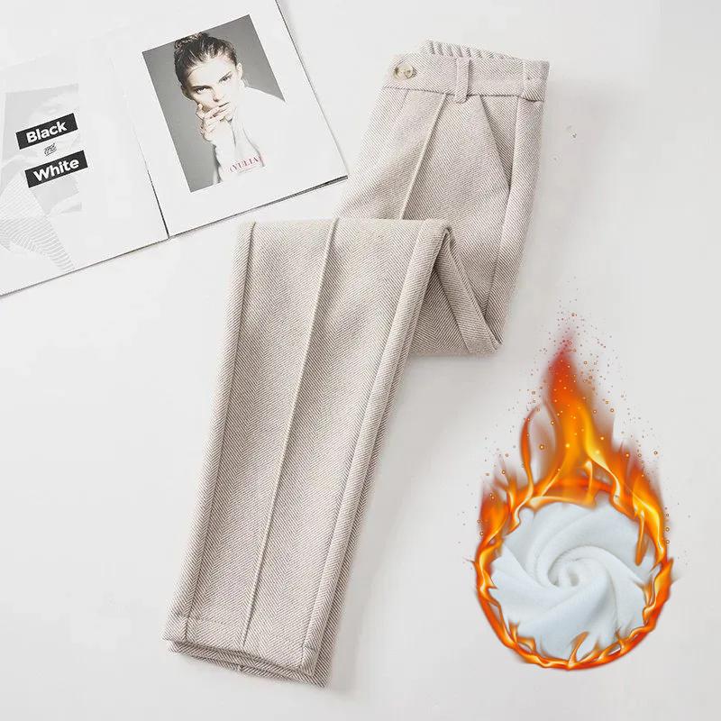 Pantaloni din amestec de lână cu talie înaltă, femei, iarna, căptușiți cu pluș, pantaloni harem, ocazional, calduri, până la gleznă, de lână.