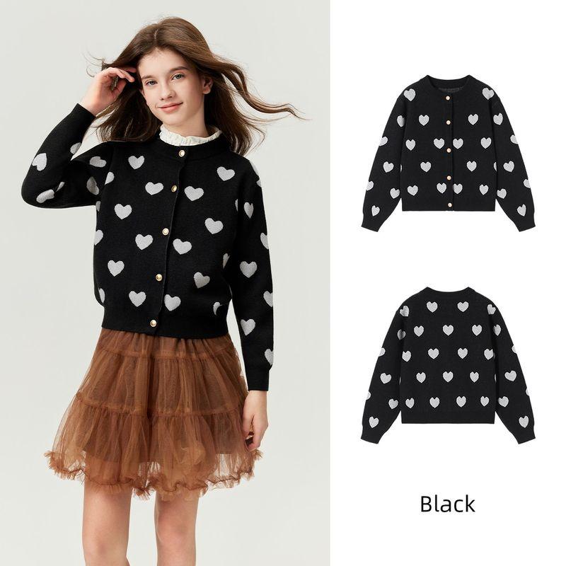 Navigare Italian Sailing Boat 2026 Spring Children s Knitted Cardigan Sweater Girls  White Coat Top Luminous Silk Heart-Black 130