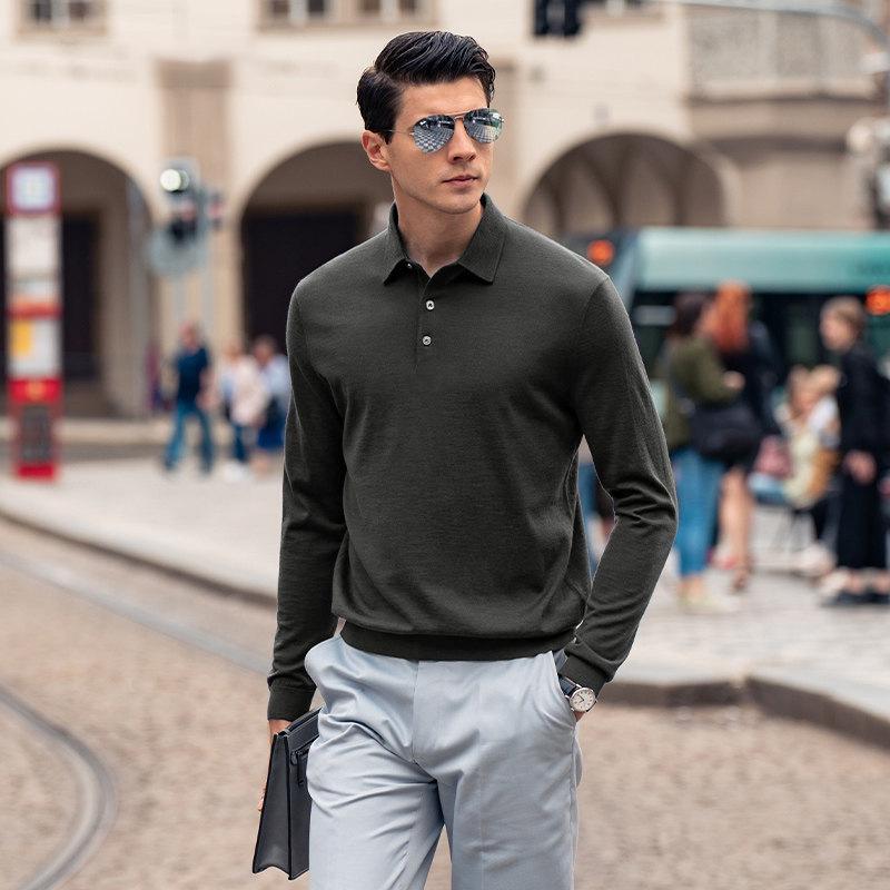 Wang Qiu Men's Polo Collar Wool Sweater - Plain, Warm, Machine Washable, Long Sleeve (X5878) for Autumn and Winter