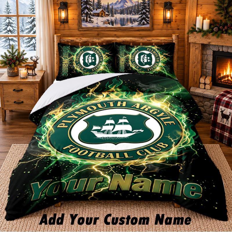 Plymouth Argyle FC Pattern Bedding 3Pcs Set Custom Name, Bed Sheet And Pillowcases For Home Bedroom