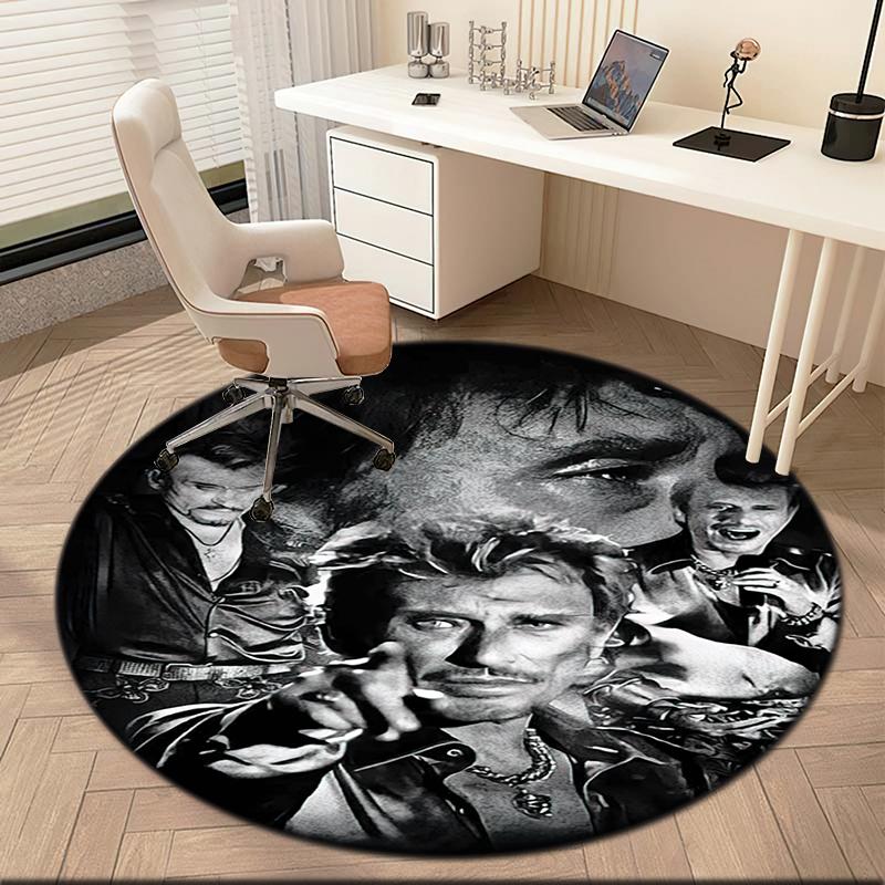 1pc Black and White Retro Johnny Hallyday Round Carpet Painted Printed Circular Carpet, Home Door Mat, Outdoor Travel Protection Carpet