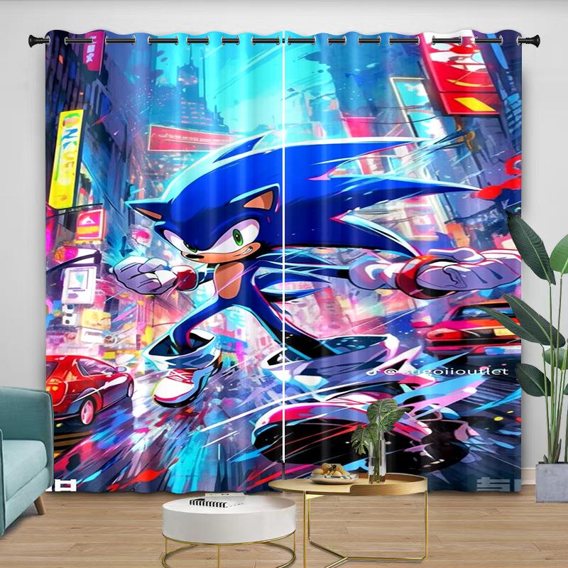Curtains Cute Cartoon Sonic Anime Theme, Care 2 Pieces Thread the Rod through Protect from Light Soft and Comfortable Beautiful