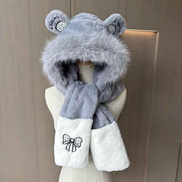Cute Embroidered Bear Ears Hat Scarf Integrated Women's Winter Plush Thickened Cycling Warm Scarf Ear Protection Hat