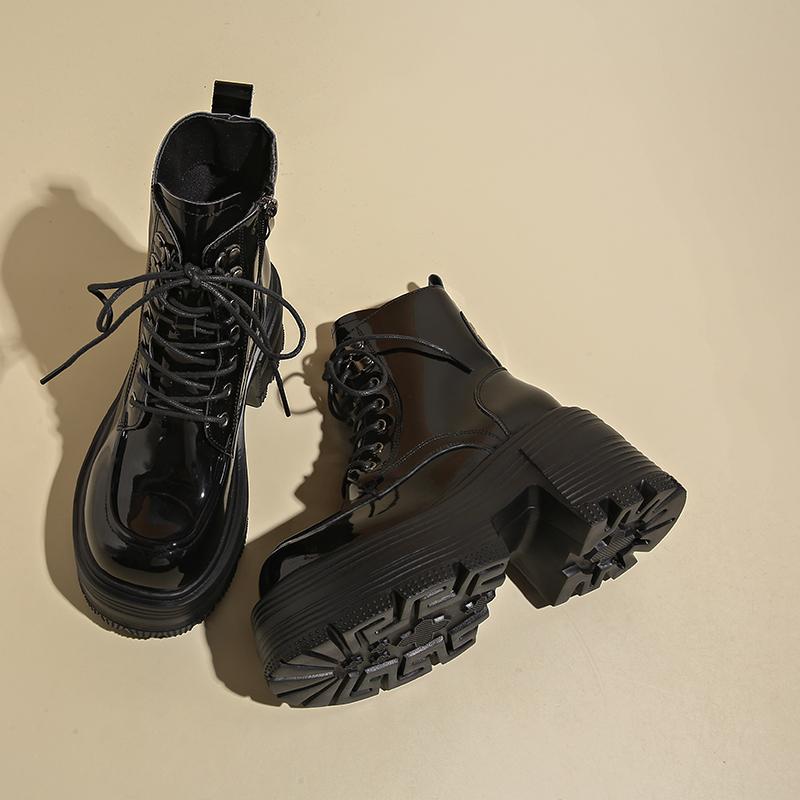 Fashion 2025 New 9cm Black Platform Women Motorcycle Ankle Boots Fashion Lace Up Shoes Autumn Winter Thick Heel Women's Short Booties