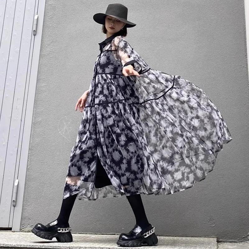 XITAO Mesh Patchwork Print Shirt Dress ZMY1248