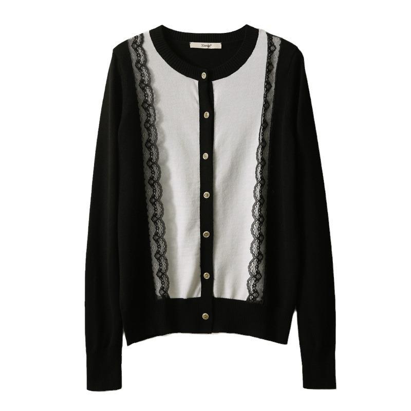 2025 Damen Frühling & Herbst Koreanischer Spitzen-Patchwork Slim Fit Rundhals Strick-Cardigan-Pullover.