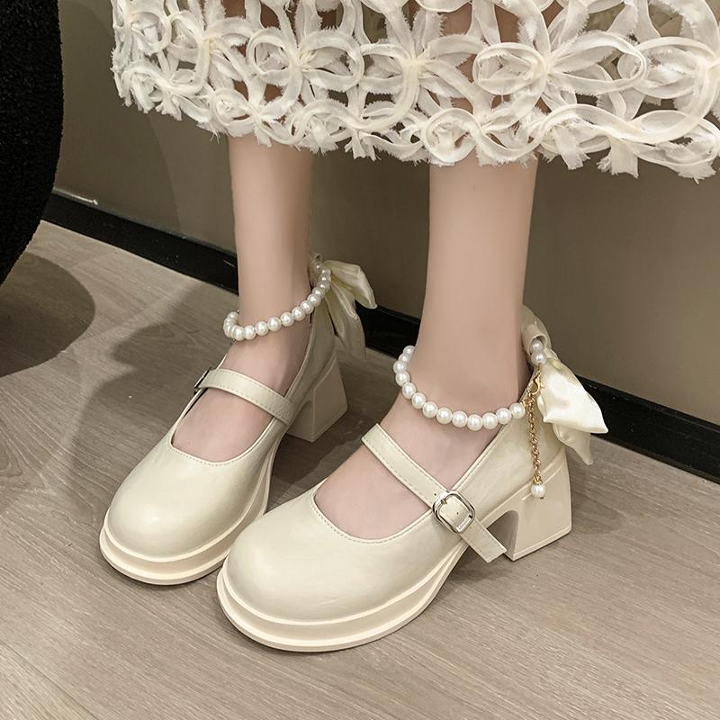 Fashion Beaded Mary Jane Shoes Women's High Heels Spring and Autumn Outfit Round-toe Jk Uniform Platform Shpes