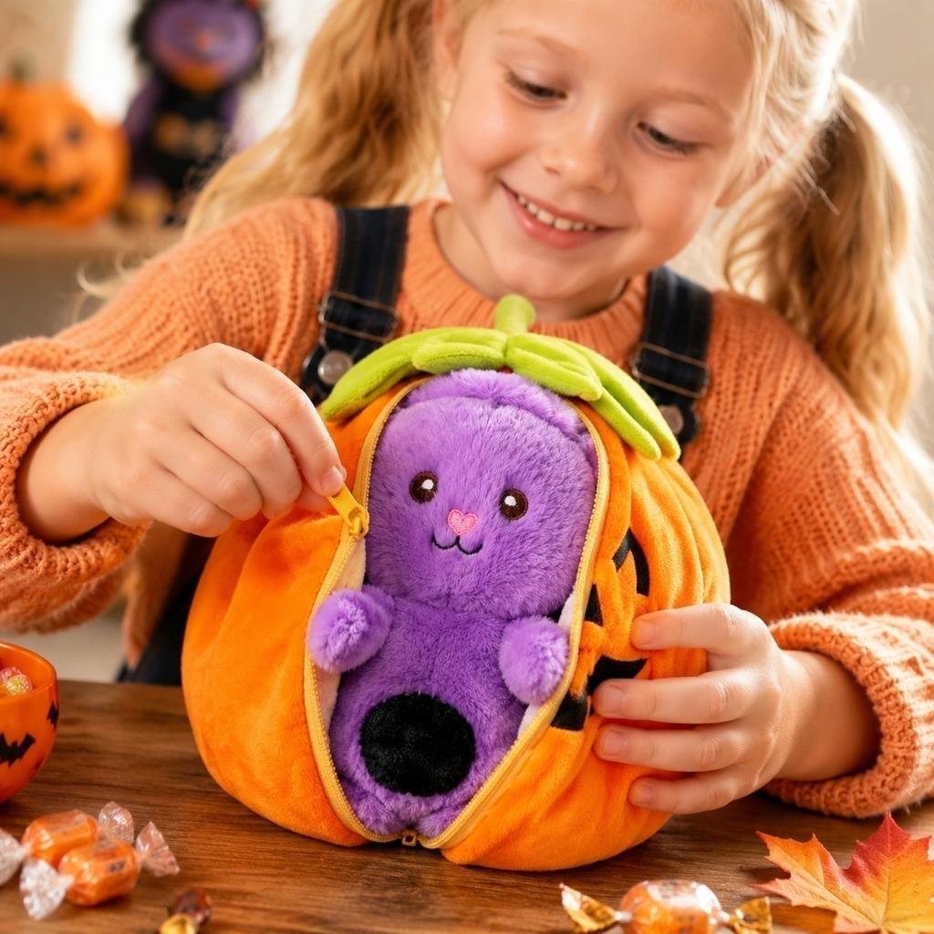 Plush Pumpkin Shaped Toy with Zipper Soft Stuffed Halloween Decoration and Storage Pouch for Kids and Adults