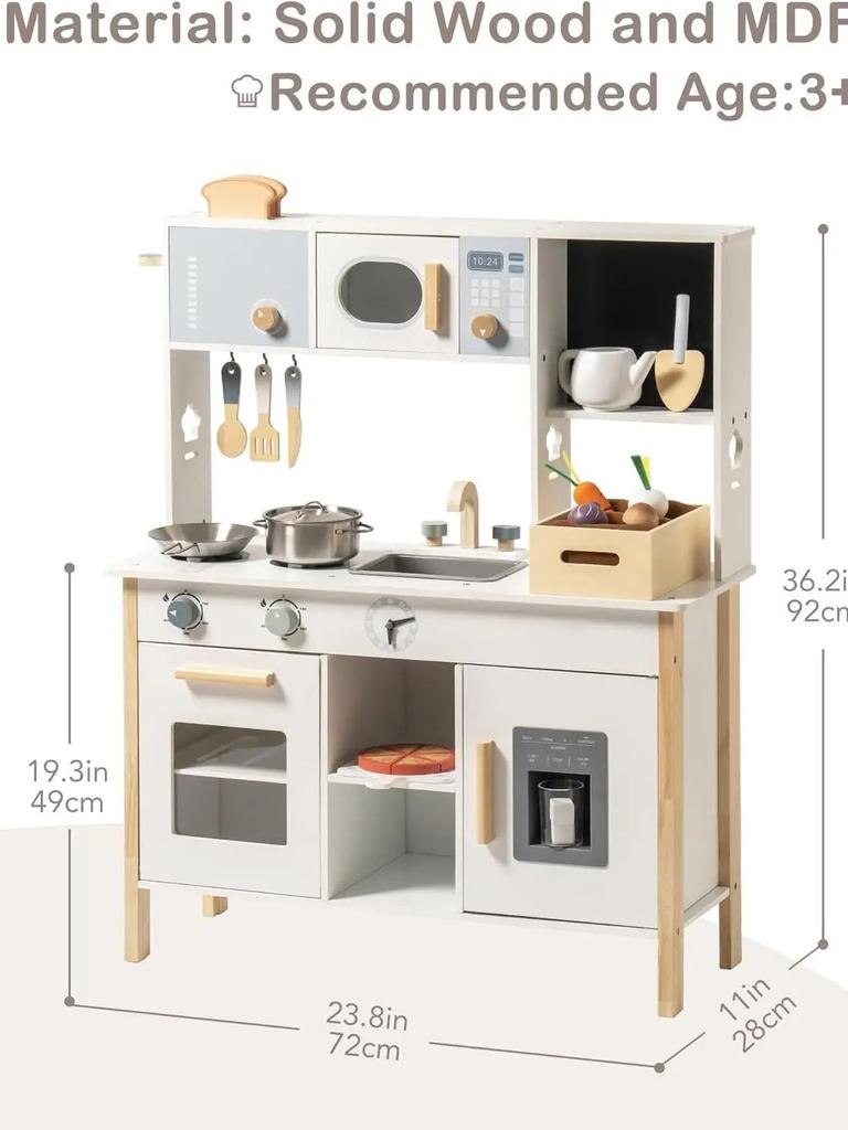 Robotime Play Kitchen Wooden Kids Play Kitchen Playset with Cutting Toy Food Set Toddler Gardening Sets for Boys Girls Ages 3+