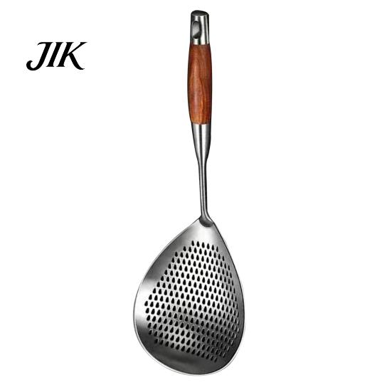 Easy Clean Kitchen Colander Large Ergonomic Wooden Handle Capacity Quick Drain Triangular Oil And Water Separator Holes Stainless Steel 304 Food Grade 1pc