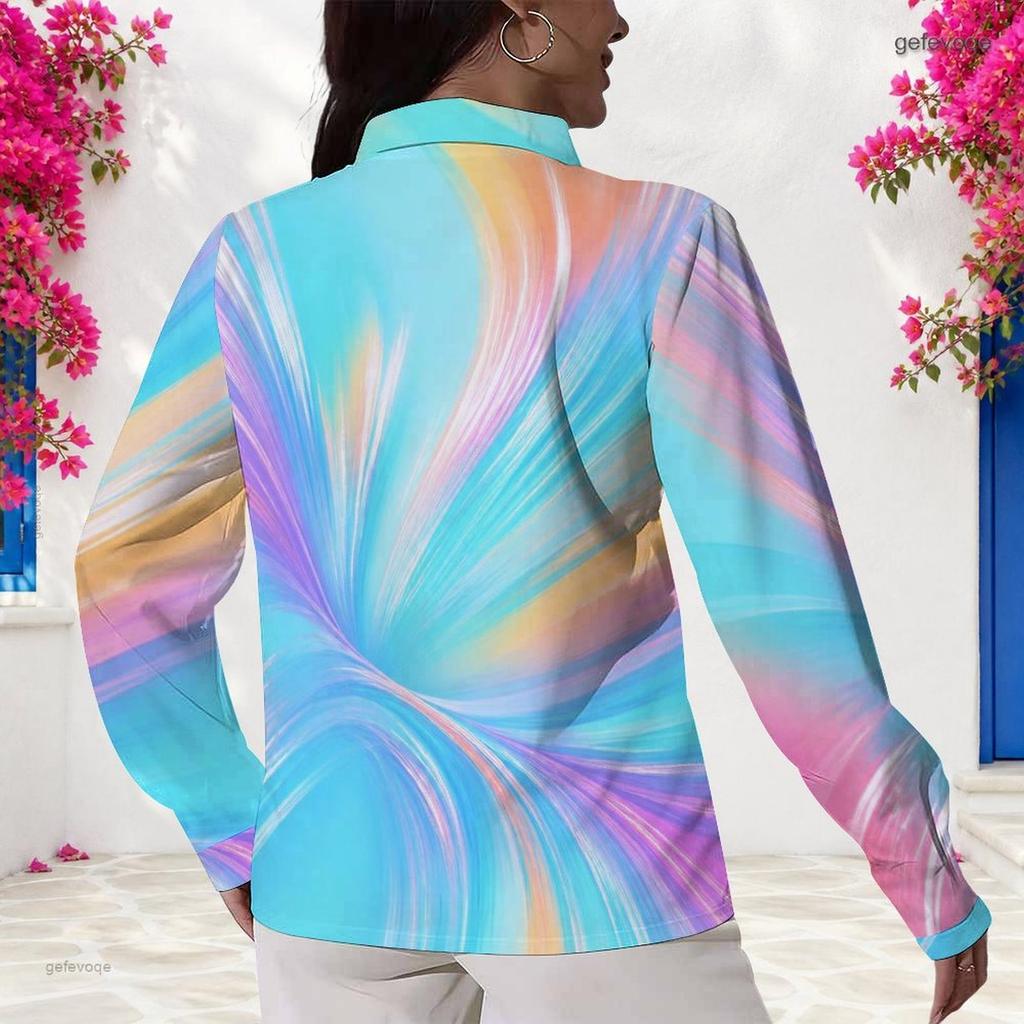 Women Plus Size Collared Long Sleeve Colorful Swirl Print Button Front Shirt