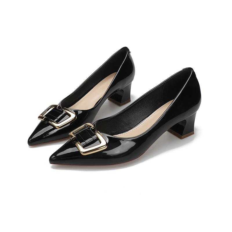 Spring 2025 New Mid-heeled Women's Single Shoes Thick Heel High Heels Patent Leather Red Wedding Shoes Pointed Light Mouth Four-season Shoes