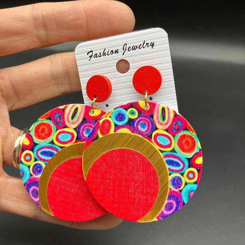 

Fashion Bohemian Colorful Round Geometric Wooden Drop Dangle Earrings For Women Printed Wood Vintage Ethnic Stud Earings Zircon красный