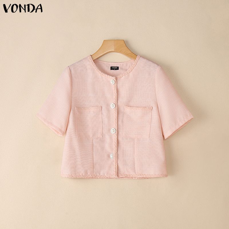 VONDA Elegant Women Short Sleeve Texture Hem Patchwork Buttons Casual Cropped Blouse Tops