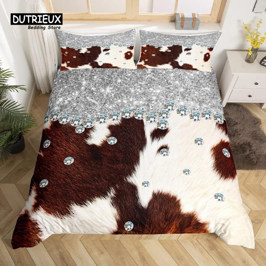 Cowhide Sunflower Duvet Cover Western Farm Animal Skin Bedding Set Microfiber Cow Fur Comforter Cover Twin For Boys Girls Room