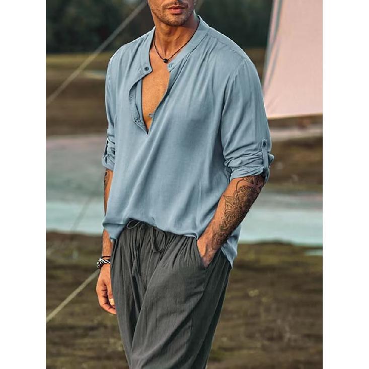 

Новая повседневная мужская полуоткрытая рубашка, простая многоцветная рубашка из хлопка и льна, круглый вырез, модный рукав, рубашка с длинными рукавами XXXL светло-синий