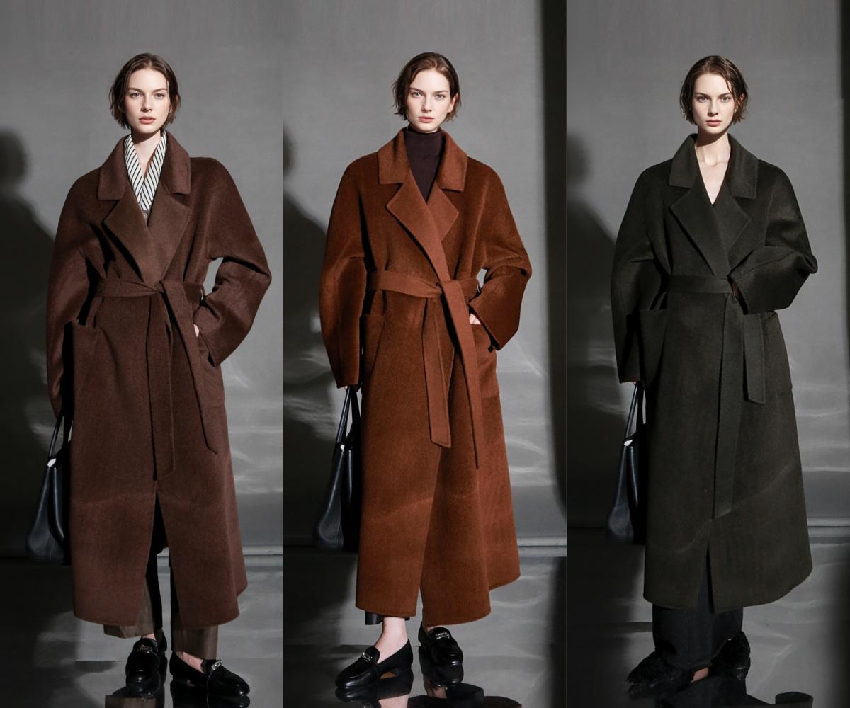 

Women s Double-Sided Wool Tie-Waist Long Coat with Suit Collar S Length 115cm