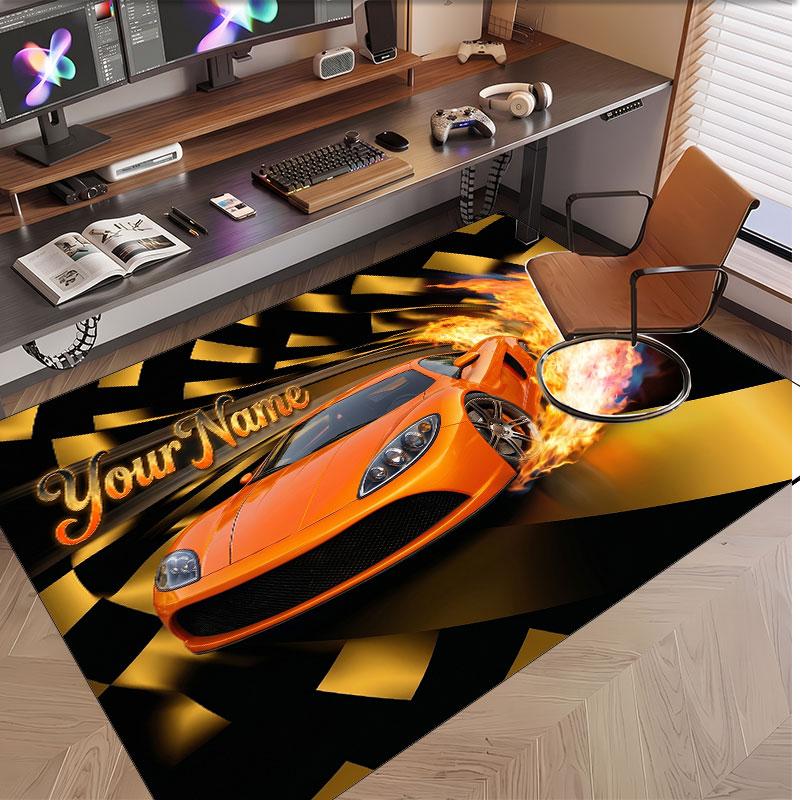Auto-Rennsport-Thema Weicher Kristall-Samt Teppich Benutzerdefinierter Name & Text Druck Rutschfester Boden Teppich für Schlafzimmer Wohnzimmer