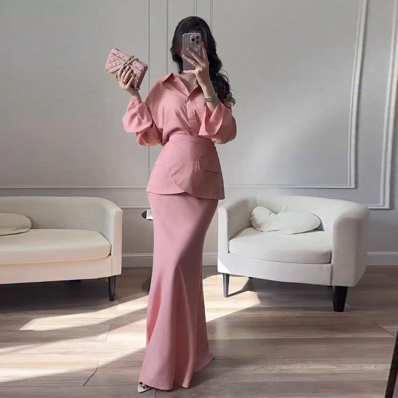 Womens Elegant Turn-Down Collar Long Sleeve Fitted Midi Dress Set With Button Detail Fall