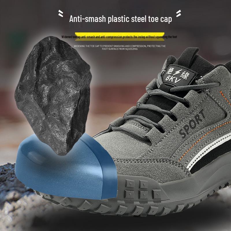 Sapatos de Trabalho Protetores Masculinos em Couro Bovino - Anti-Esmagamento, Anti-Perfuração, Respiráveis, Isolados, Leves, Sola de Borracha Antiderrapante, Amigáveis para Eletricistas.