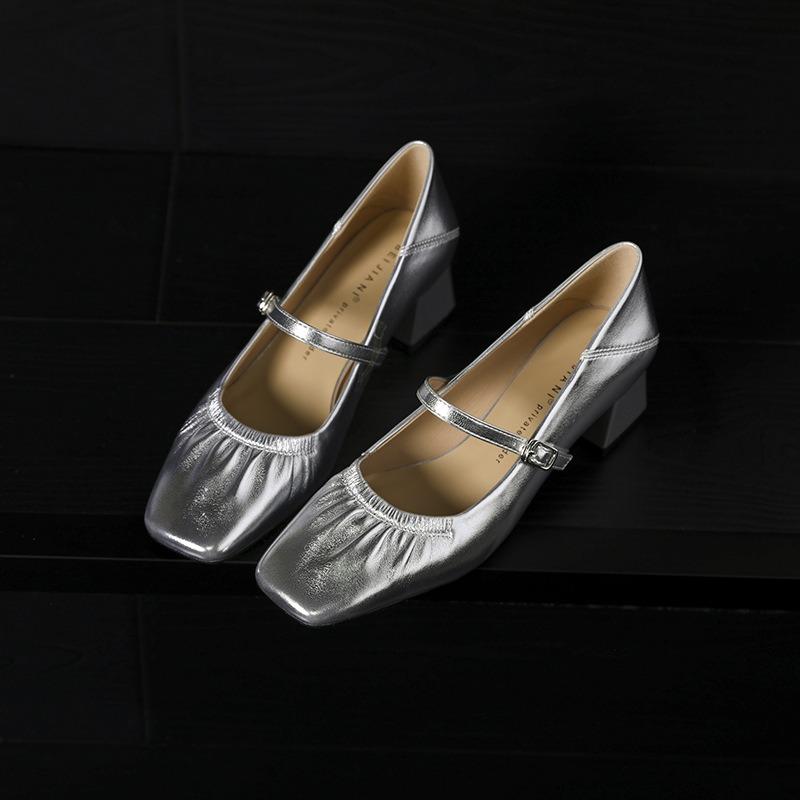 Silver Sheepskin Square Head Thick Heel Single Shoes Women's Middle Heel Soft Leather One-word Buckle Mary Jane Shoes Spring and Autumn