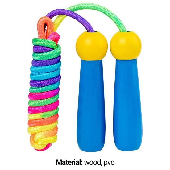 Ergonomiczny Design Nieplącząca się Dziecięca Skakanka z Drewnianą Rączką z Nadrukiem w Paski w Kolorach Tęczy Regulowana Długość