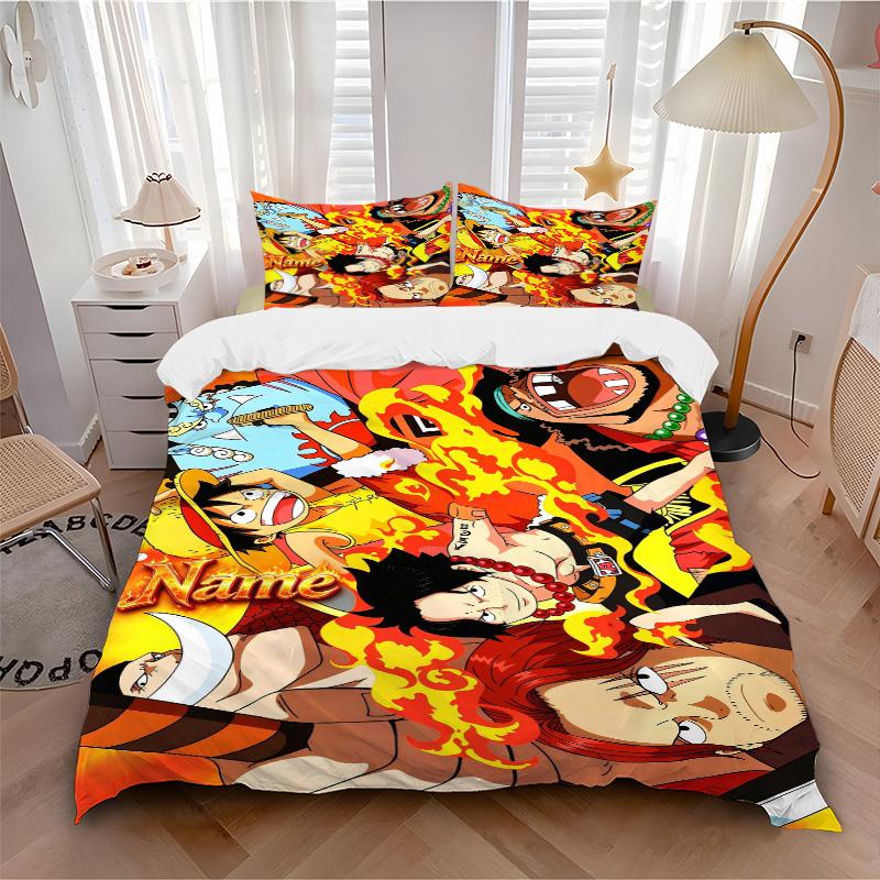 Custom Name One Piece Flame Warriors Print 3Pcs Bedding Set,Duvet Cover with 2 Bedro,Pillowcase Home Birthday Gift