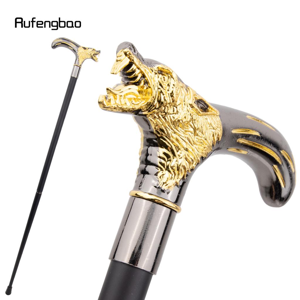 Golden Black Wolf Head Biting Walking Cane Fashion Decorative Walking Stick Gentleman Elegant Cosplay Cane Knob Crosier 92cm